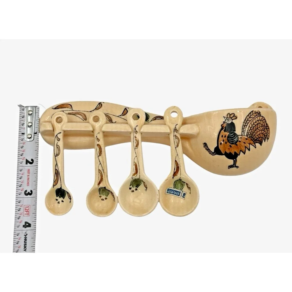 Japan Rooster Wall Pocket Measuring Spoon Set Ceramic Farmhouse 1950s Vintage
